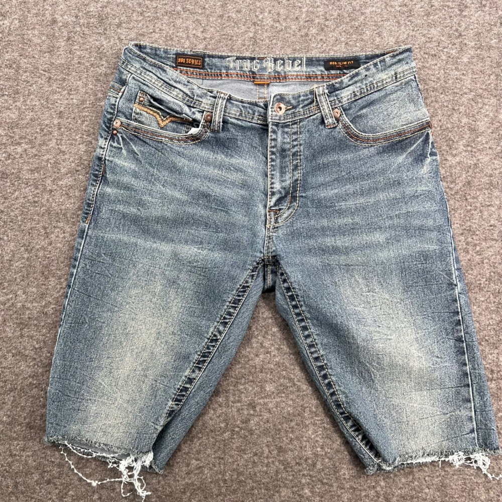 True Rebel 808 Slim Fit Denim Shorts Blue Distressed Cut Off‎ 900 Series 34W
